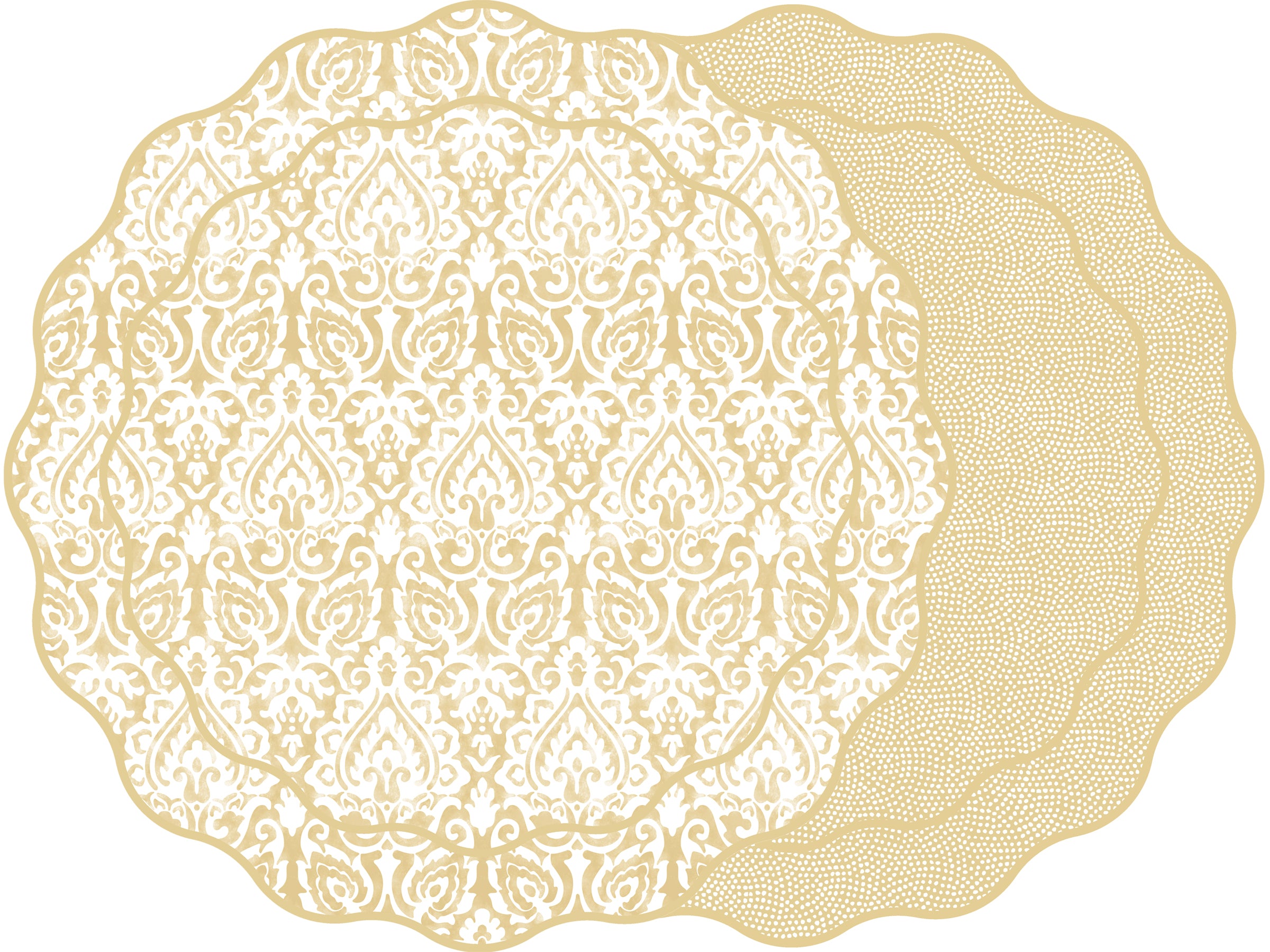 SCALLOP TWO SIDED DAMASK PLACEMAT WITH DOT FAN ~ LATTE