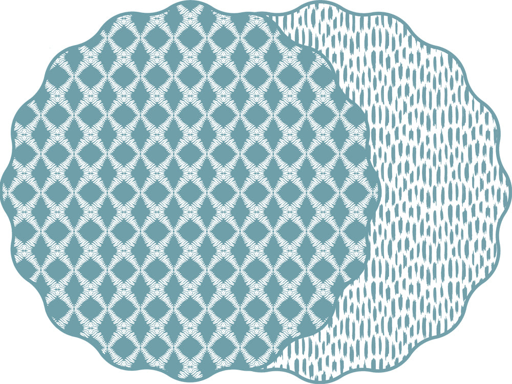 SCALLOP TWO SIDED COTTON & QUILL TRELLIS PLACEMAT WITH DASH ~ FRENCH BLUE