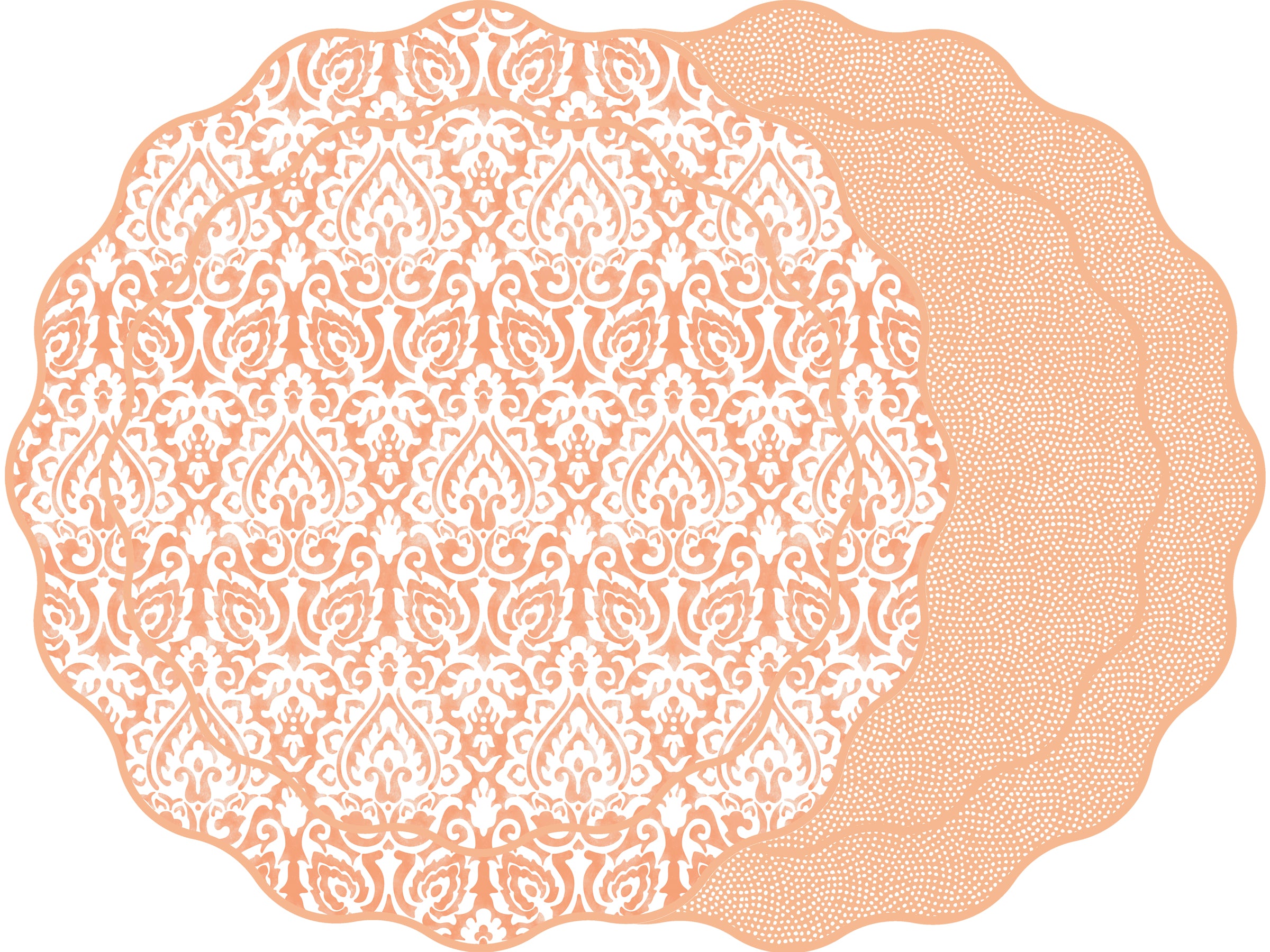 SCALLOP TWO SIDED DAMASK PLACEMAT WITH DOT FAN ~ PUMPKIN
