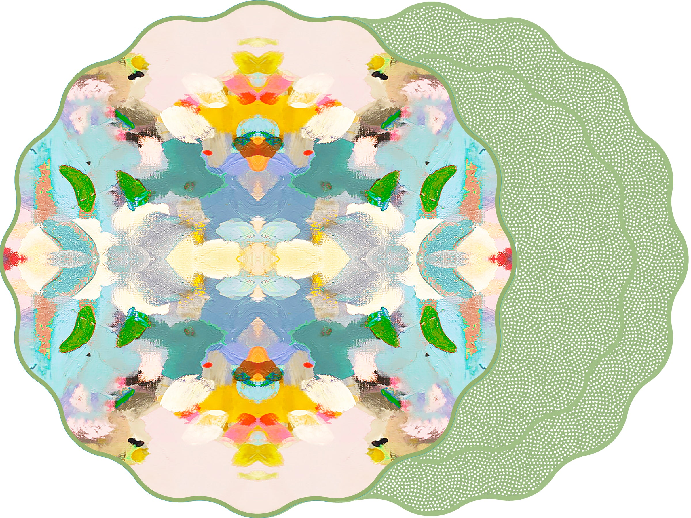 TWO SIDED SCALLOP LAURA PARK DESIGNS CORAL REEF AND DOT FAN SAXON GREEN PLACEMAT