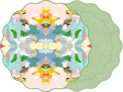 TWO SIDED SCALLOP LAURA PARK DESIGNS CORAL REEF AND DOT FAN SAXON GREEN PLACEMAT