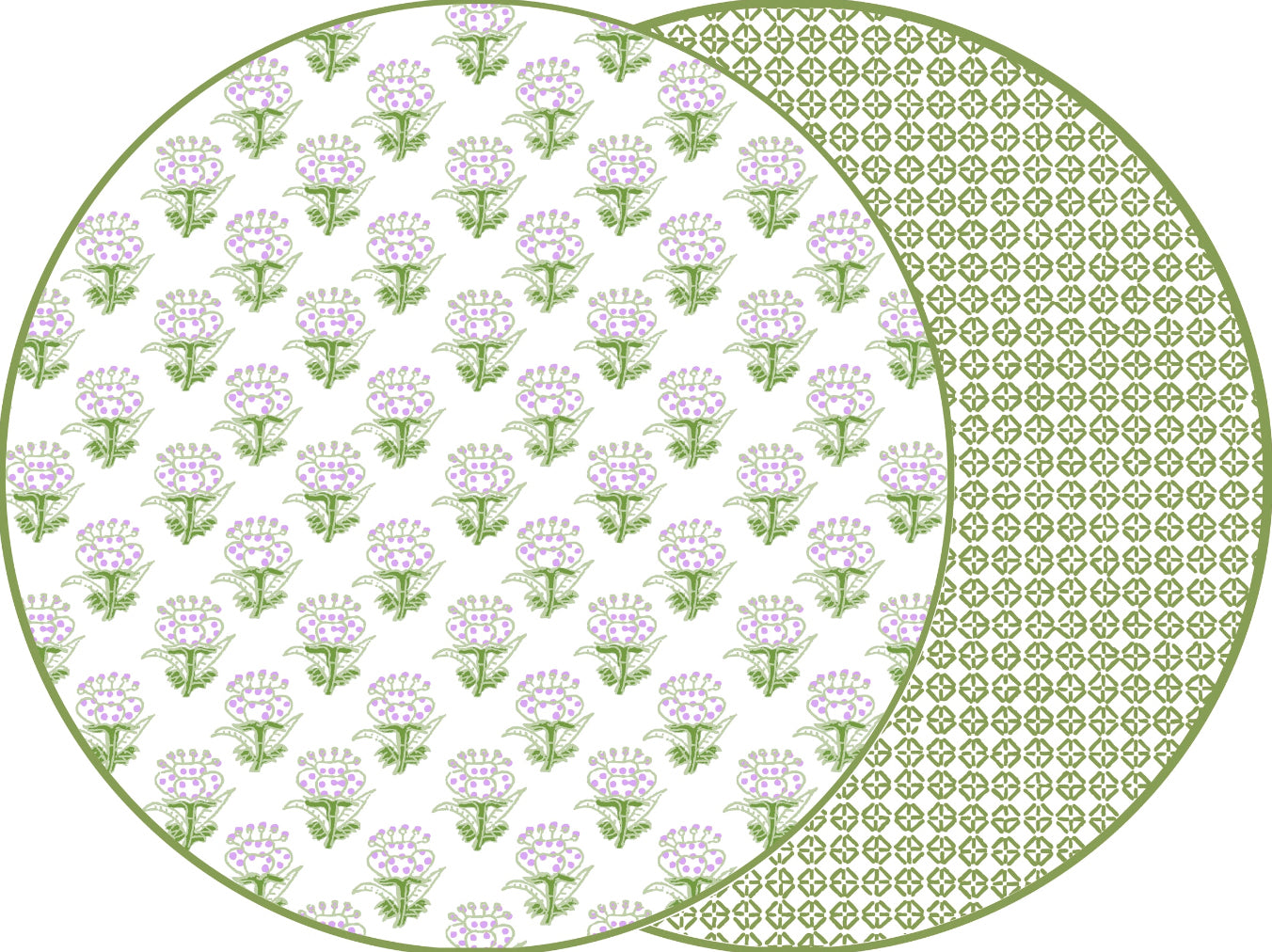 ROUND TWO SIDED PETITE FLEUR  AND JAIPUR PLACEMAT ~ GREEN/LAVENDER