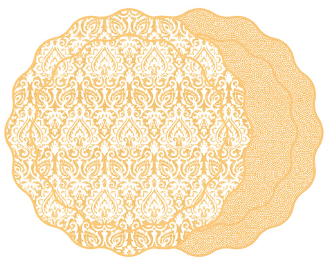 SCALLOP TWO SIDED DAMASK PLACEMAT WITH DOT FAN ~ APRICOT