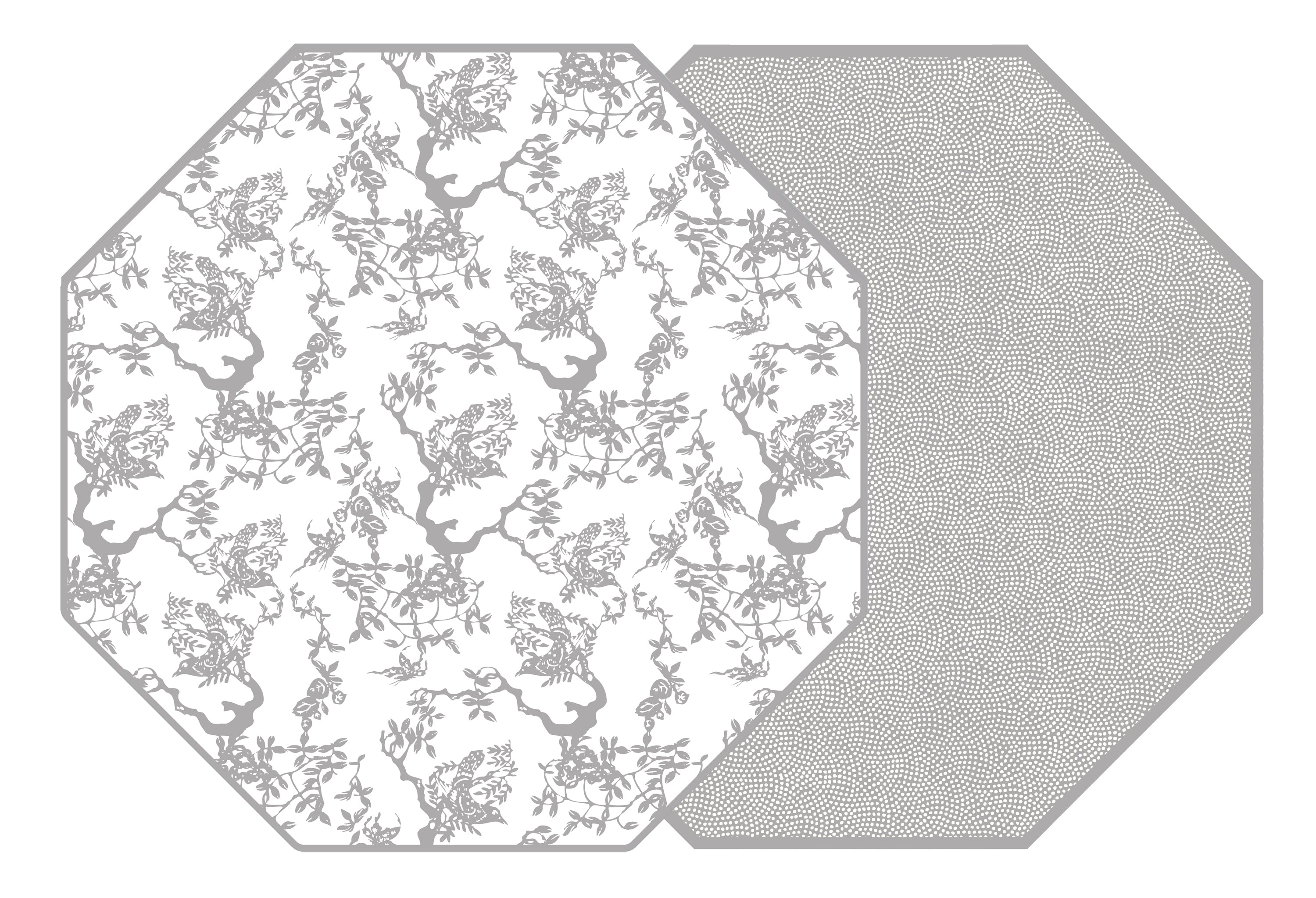 OCTAGONAL TWO SIDED CHINOIS AND DOT FAN PLACEMAT ~ PLATINUM