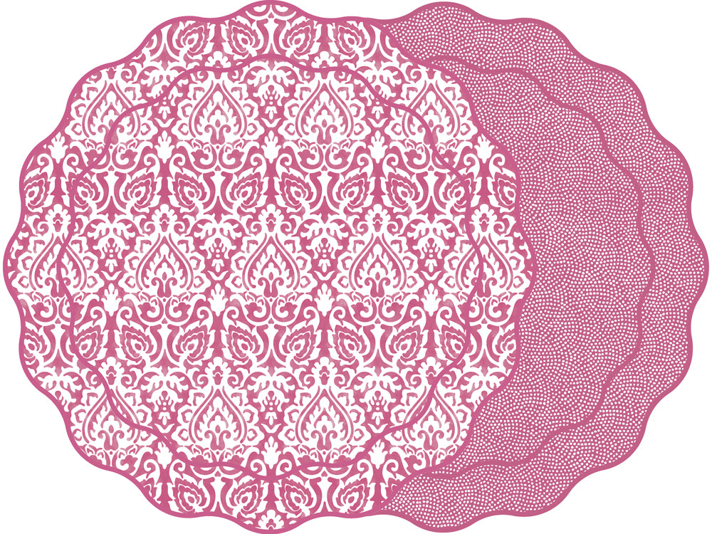 SCALLOP TWO SIDED DAMASK PLACEMAT WITH DOT FAN ~ BERRY