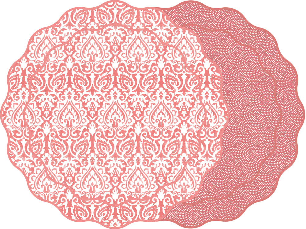 SCALLOP TWO SIDED DAMASK PLACEMAT WITH DOT FAN ~  POPPY