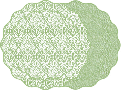 SCALLOP TWO SIDED DAMASK PLACEMAT WITH DOT FAN ~ SAXON GREEN