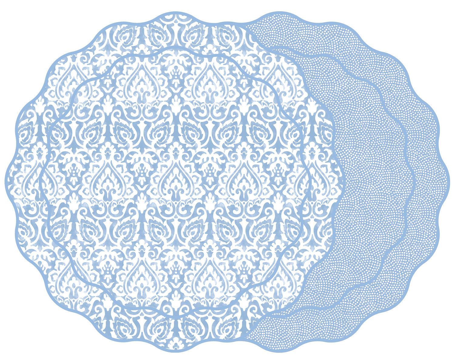 SCALLOP TWO SIDED DAMASK PLACEMAT WITH DOT FAN ~ DENIM