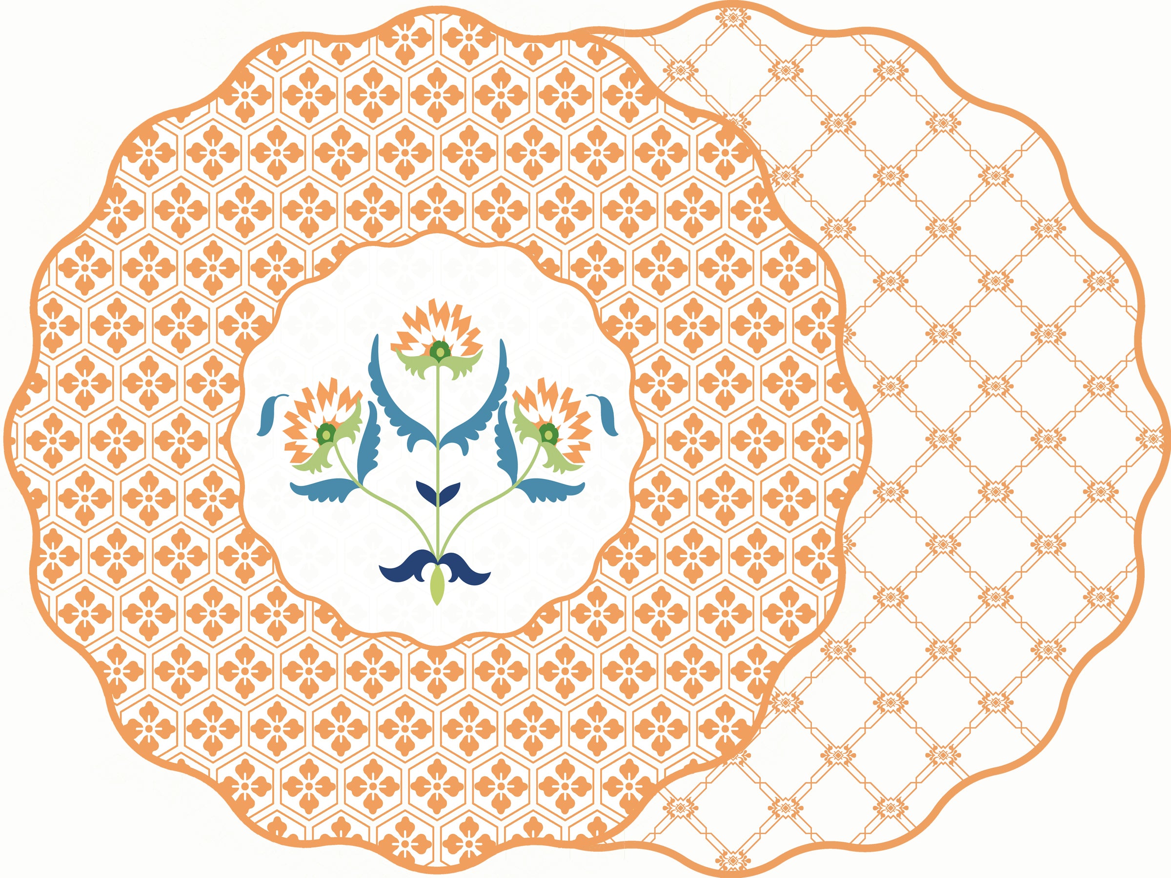 SCALLOP TWO SIDED PLACEMAT TUSCAN FLOWER ORANGE A