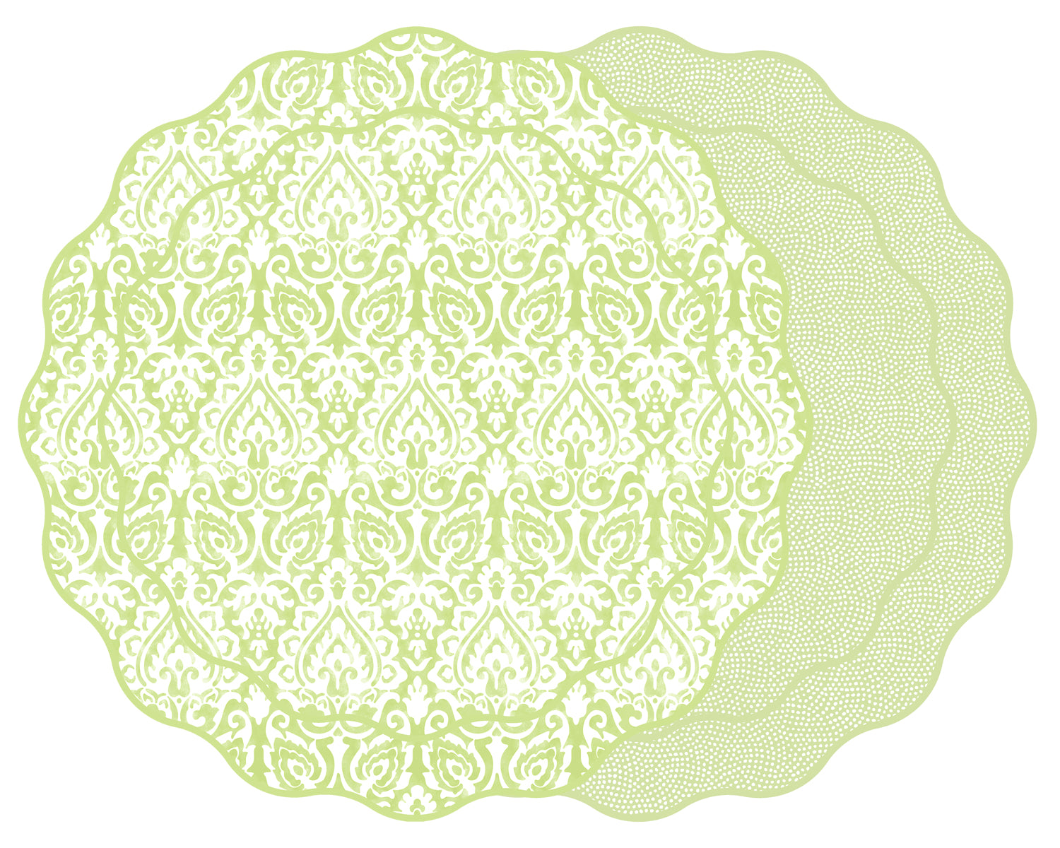 SCALLOP TWO SIDED DAMASK PLACEMAT WITH DOT FAN ~ LIME
