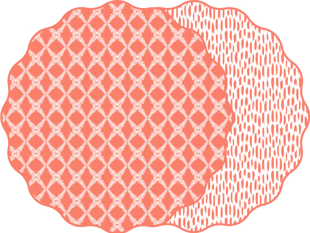 SCALLOP TWO SIDED COTTON & QUILL TRELLIS  PLACEMAT WITH DOT FAN ~ SALMON
