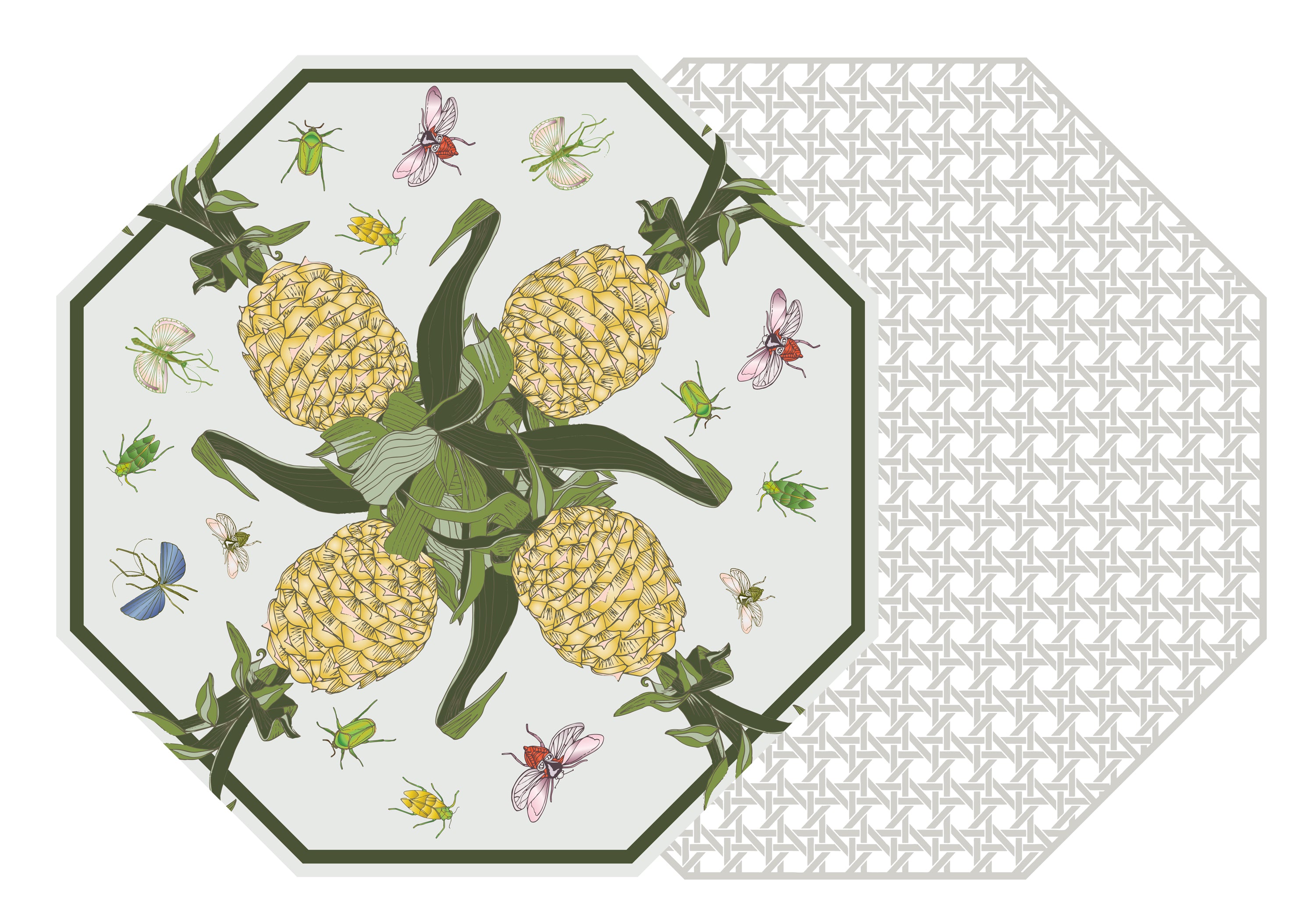 OCTAGONAL TWO SIDED COTTON & QUILL PINEAPPLE AND BUG WITH HSH GRAY CANE PLACEMAT